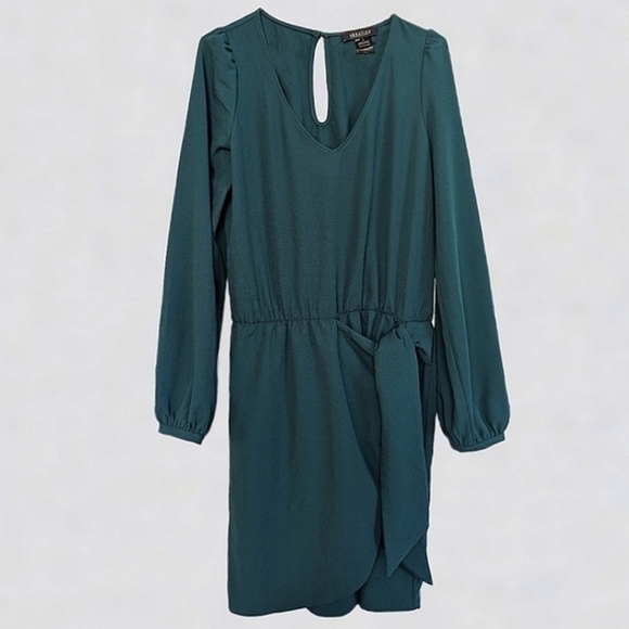 Abbeline Deep V-Neck Faux Wrap Career Dress Blouson Sleeves Forest Green - sz M - Picture 2 of 9